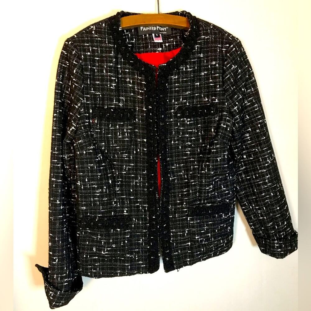 Vintage 90s painted pony black white jacquard tweed blazer lady jacket sz S